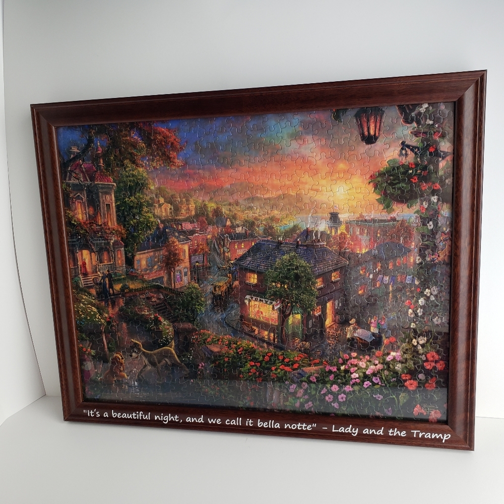 Thomas Kinkade Disney Lady and the Tramp Puzzle Glued and Framed